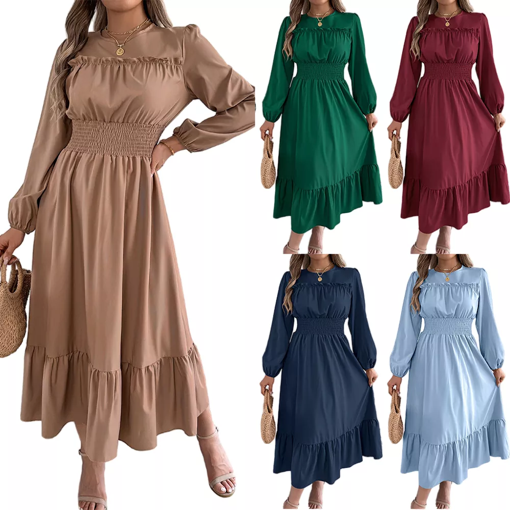 Elegant Ruffle Hem Waist-Tied Pleated Maxi Dress