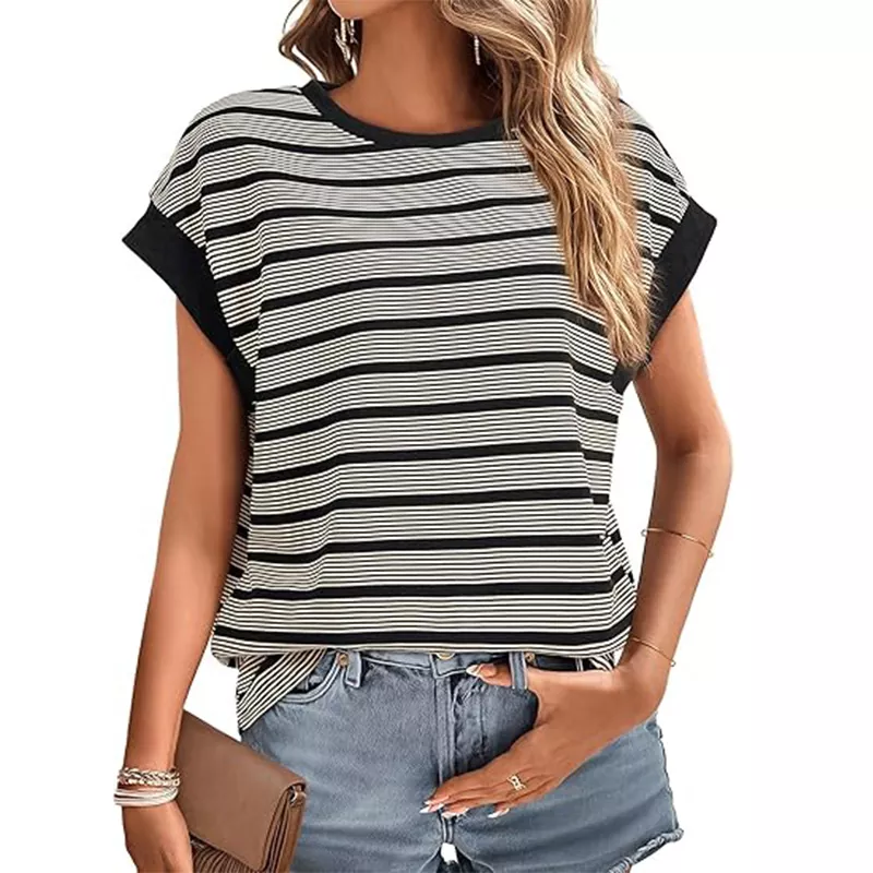 Summer Crew Neck Striped Knitted Loose Women's T-shirt