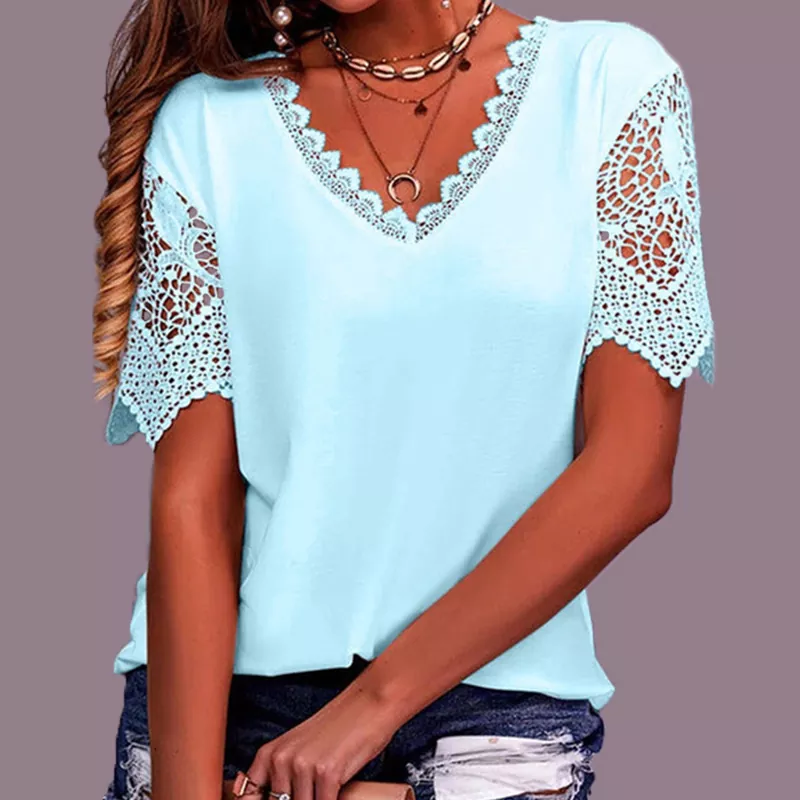 Summer Patchwork Lace V-neck Women's T-shirt