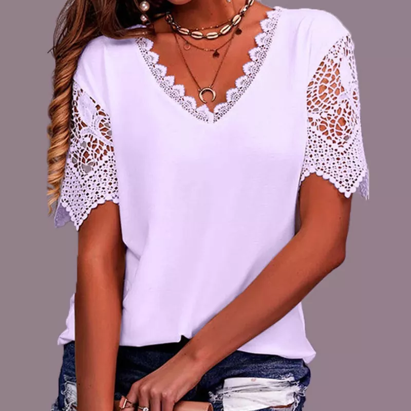 Summer Patchwork Lace V-neck Women's T-shirt