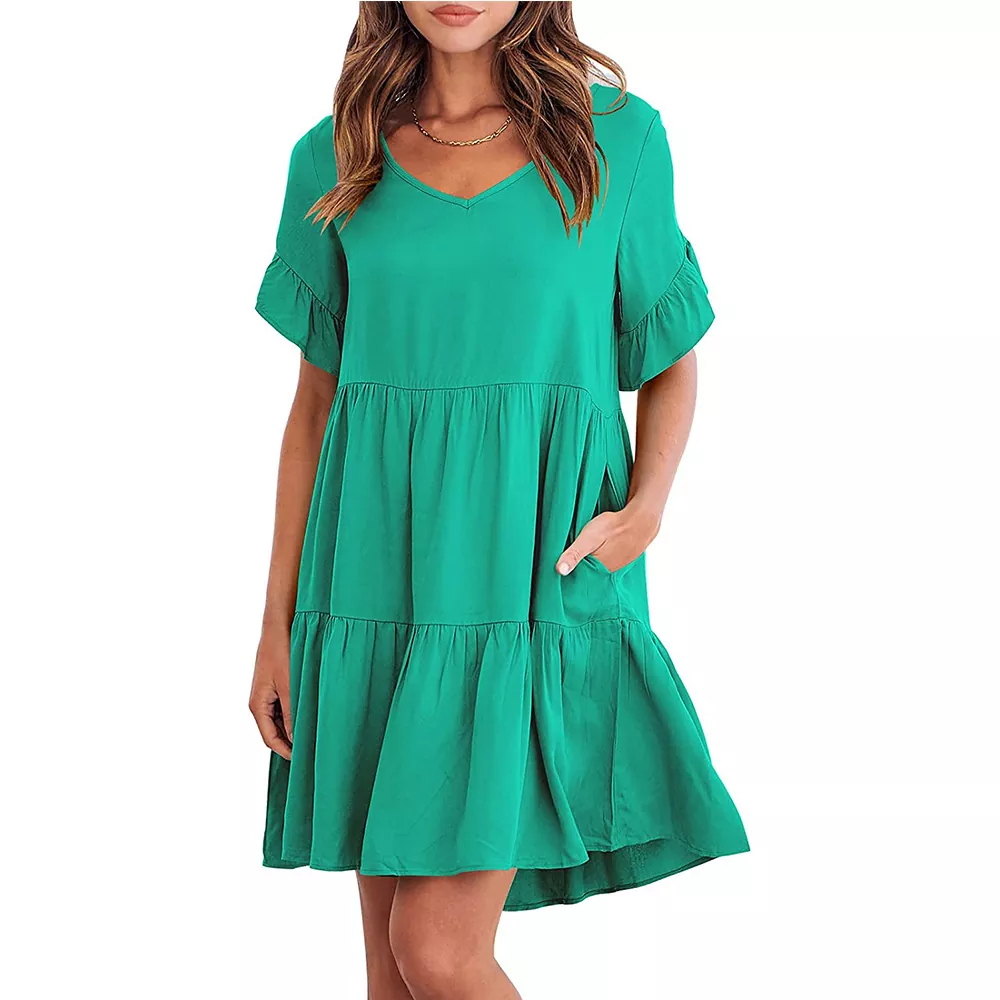 Casual V-neck Ruffled Lace Sleeve Mini Dress