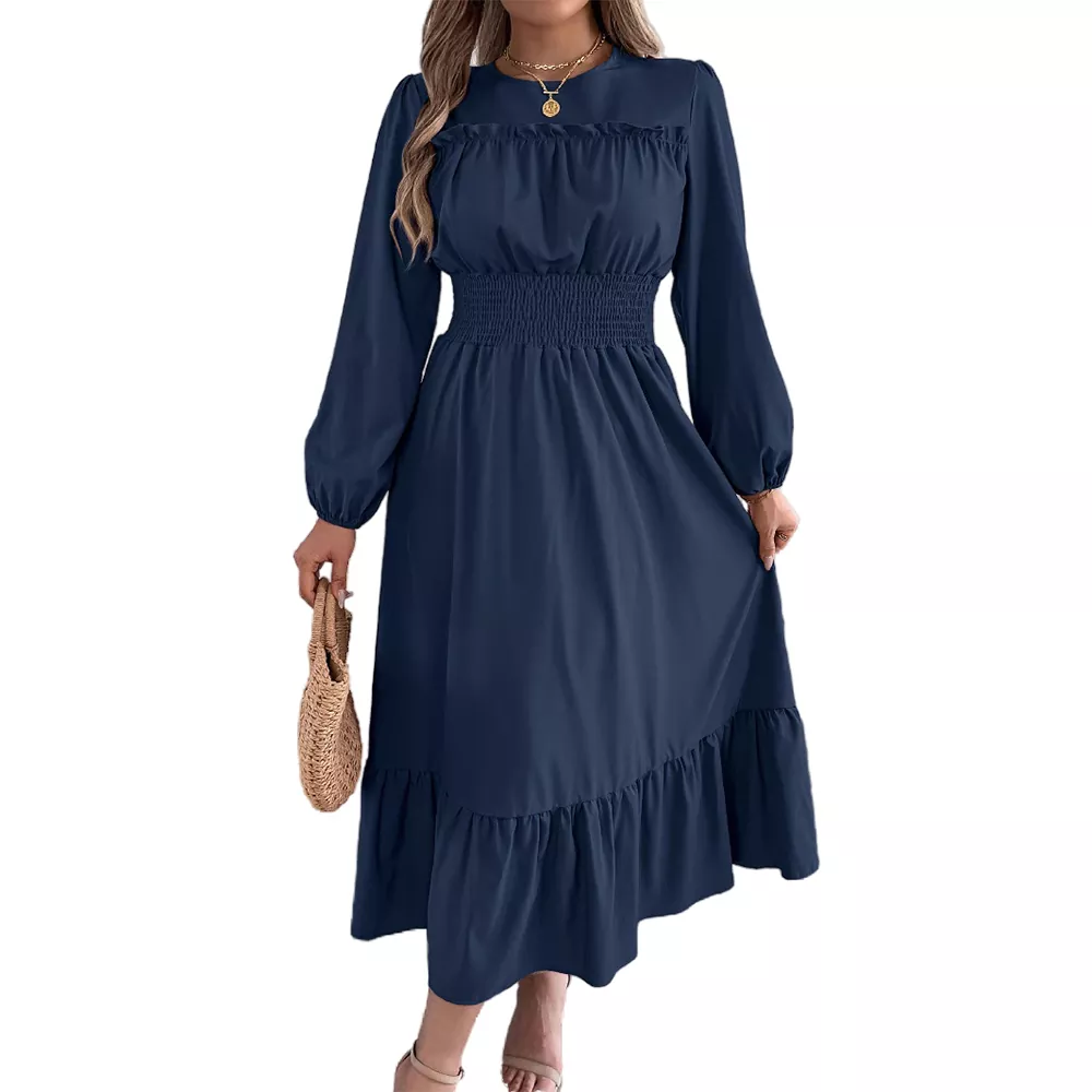 Elegant Ruffle Hem Waist-Tied Pleated Maxi Dress