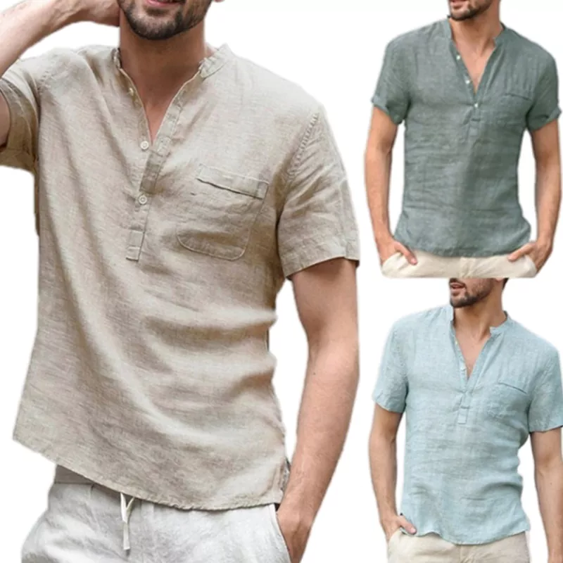 Men's Solid Standing Collar Short Sleeve Shirt