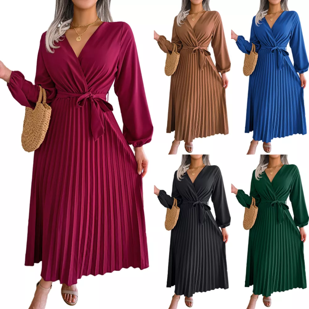 Pleated Hem V-Neck Maxi Dress