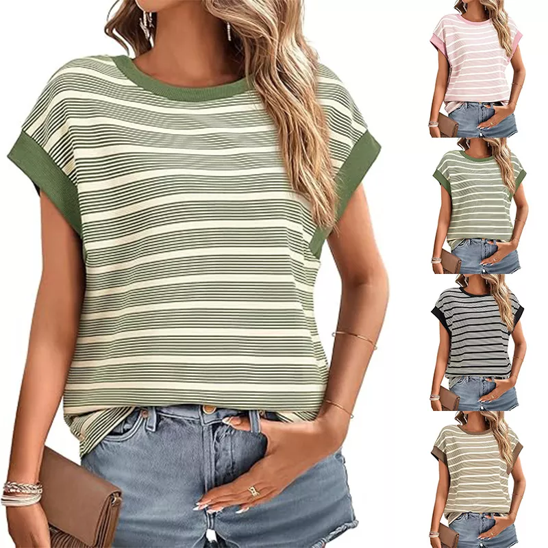 Summer Crew Neck Striped Knitted Loose Women's T-shirt
